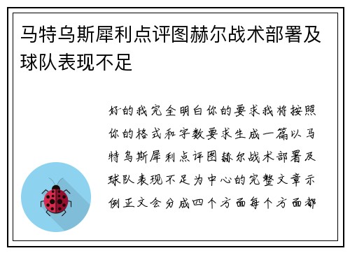 马特乌斯犀利点评图赫尔战术部署及球队表现不足 马特乌斯犀利点评图赫尔战术部署及球队表现不足