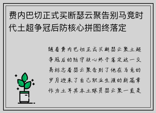 费内巴切正式买断瑟云聚告别马竞时代土超争冠后防核心拼图终落定